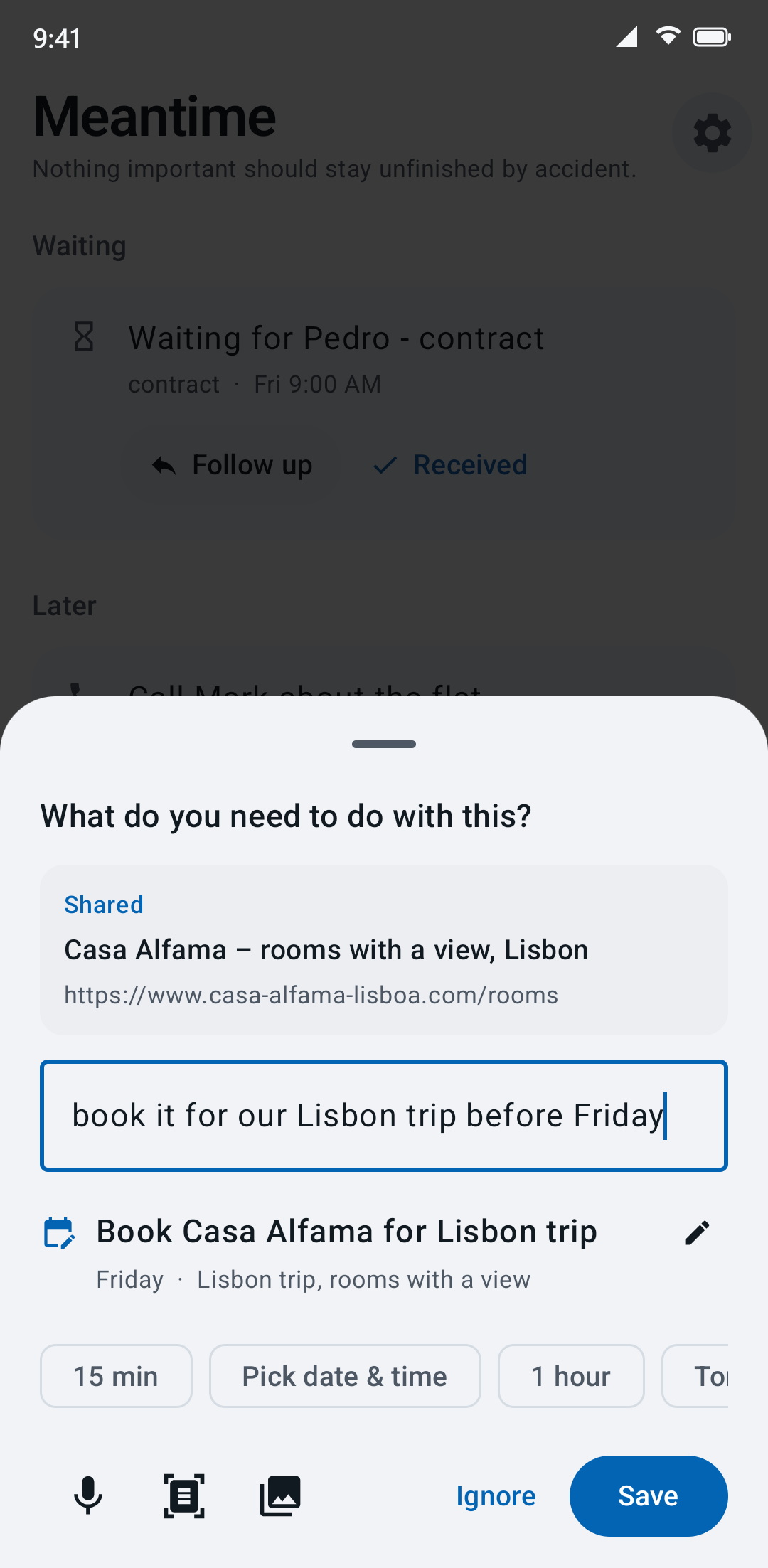A hotel page, “Casa Alfama – rooms with a view, Lisbon”, shared into Meantime with the note “book it for our Lisbon trip before Friday”. Meantime suggests “Book Casa Alfama for Lisbon trip”, Friday.