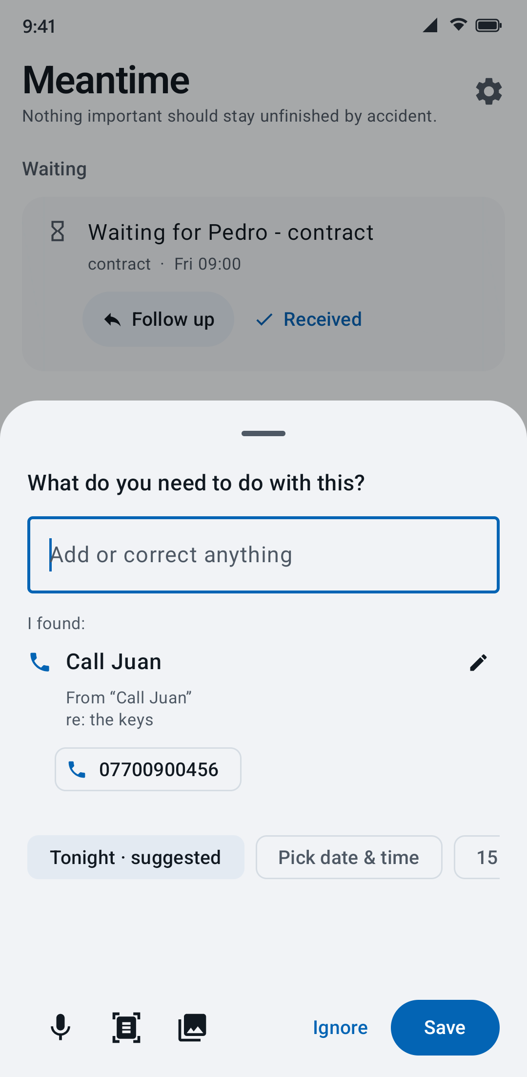 A photo of a handwritten note read by Meantime: “I found: Call Juan”, from “Call Juan, re: the keys”, with the phone number 07700900456 picked out.